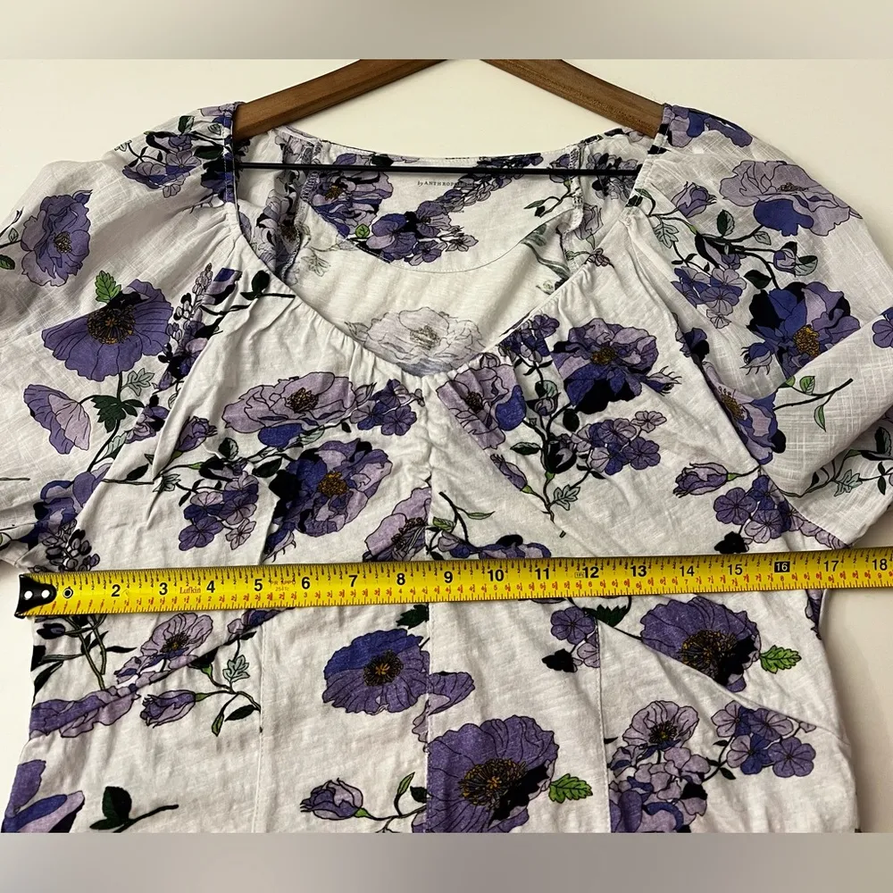 Anthropologie Purple Floral Ruched Crop Top Balloon Sleeves L - Image 6
