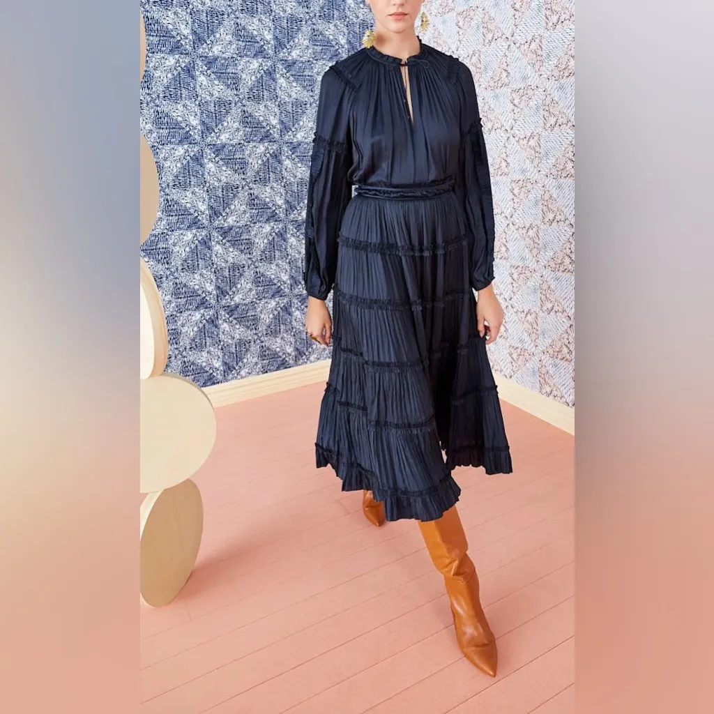 Ulla Johnson Louise Tiered Midi Skirt Midnight Navy Blue Plisse Satin Size 8 - Image 3