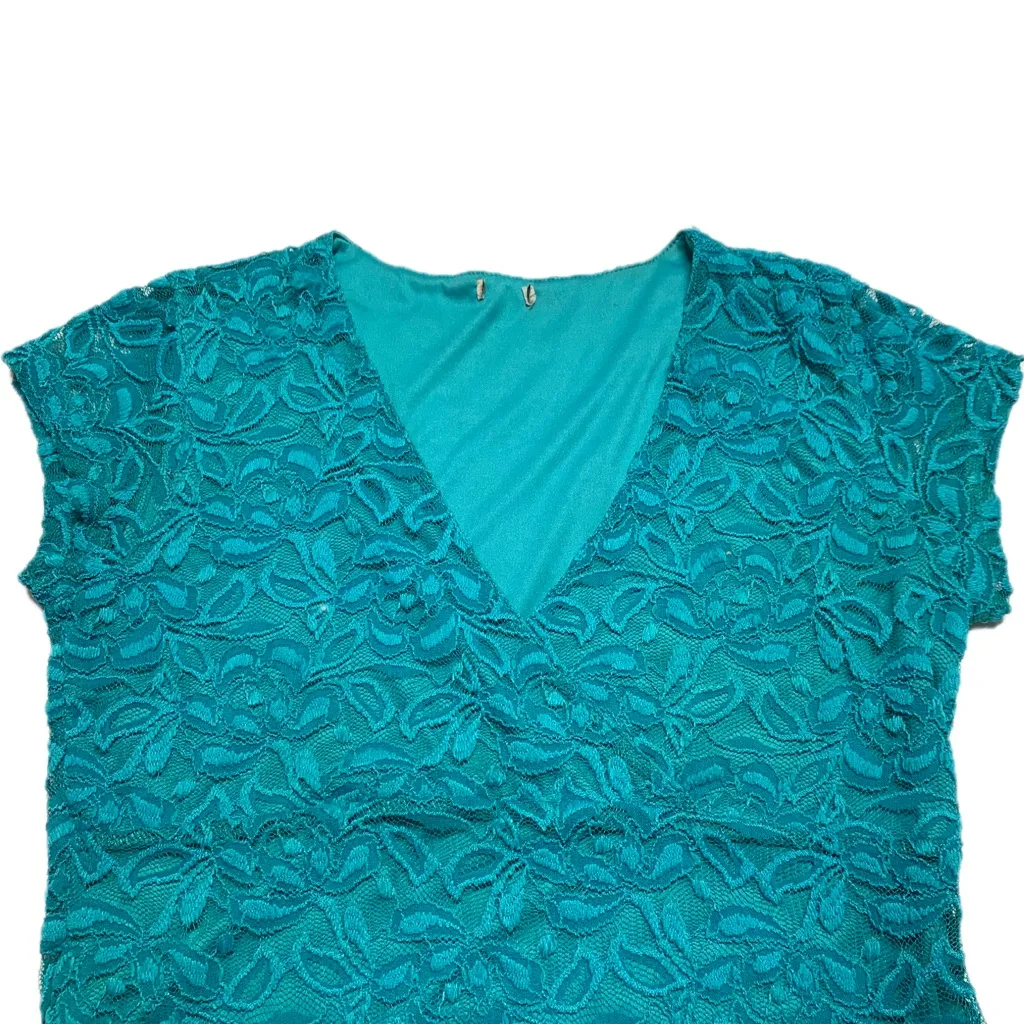 GUESS Teal Lace Cap Sleeve V-Neck Top - Image 3