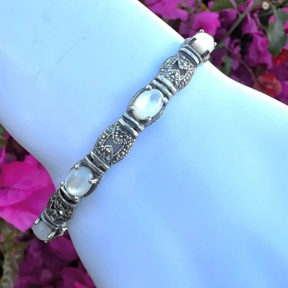 925 Sterling Silver Mother Of Pearl And Marcasite vintage Bracelet - Image 2