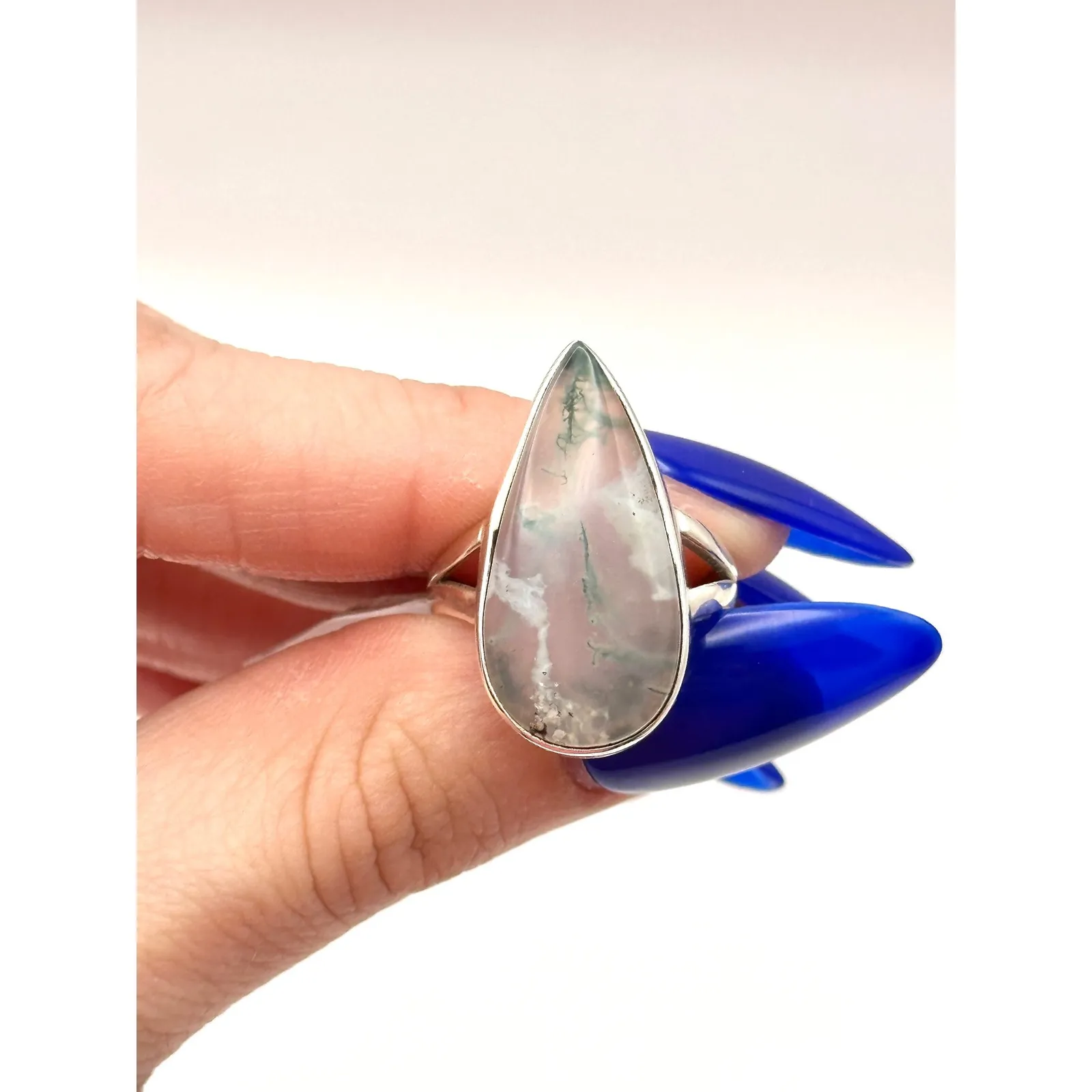 Moss Agate Tear Drop Sterling Silver Handmade Ring Size 8.75 - Image 5