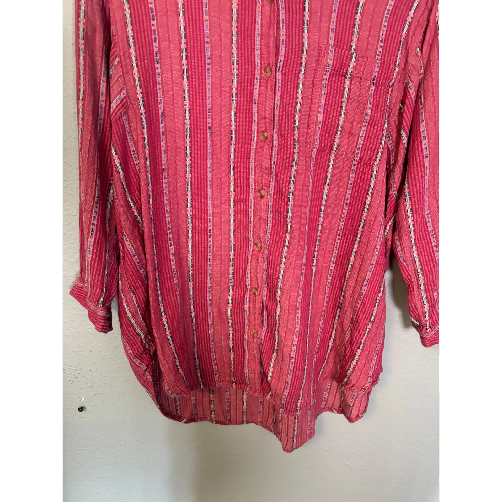 Anthropologie Pilcro The Bo Boyfriend Embroidered Button Down Pink Stripe Medium - Image 5