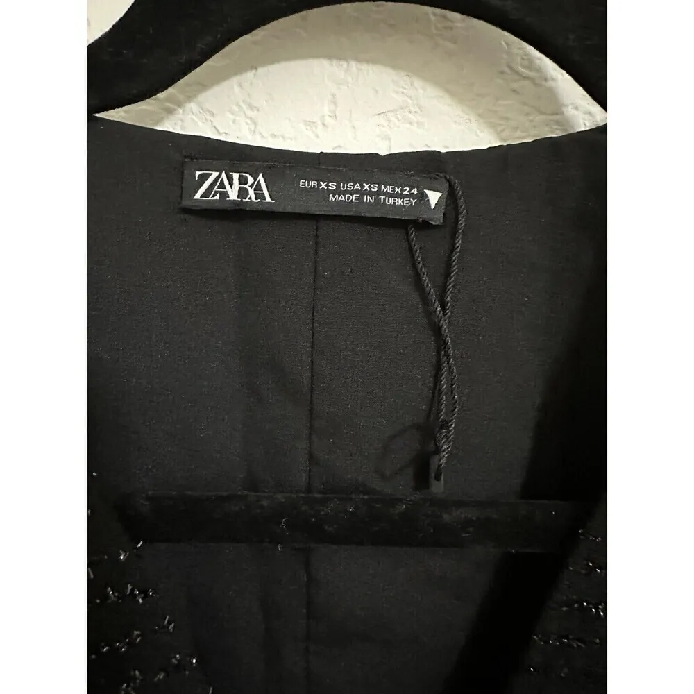 NEW Zara Dress Size XS Womens Tetured Mini Weave Tweed Black Blazer Ruffle Dress - Image 3