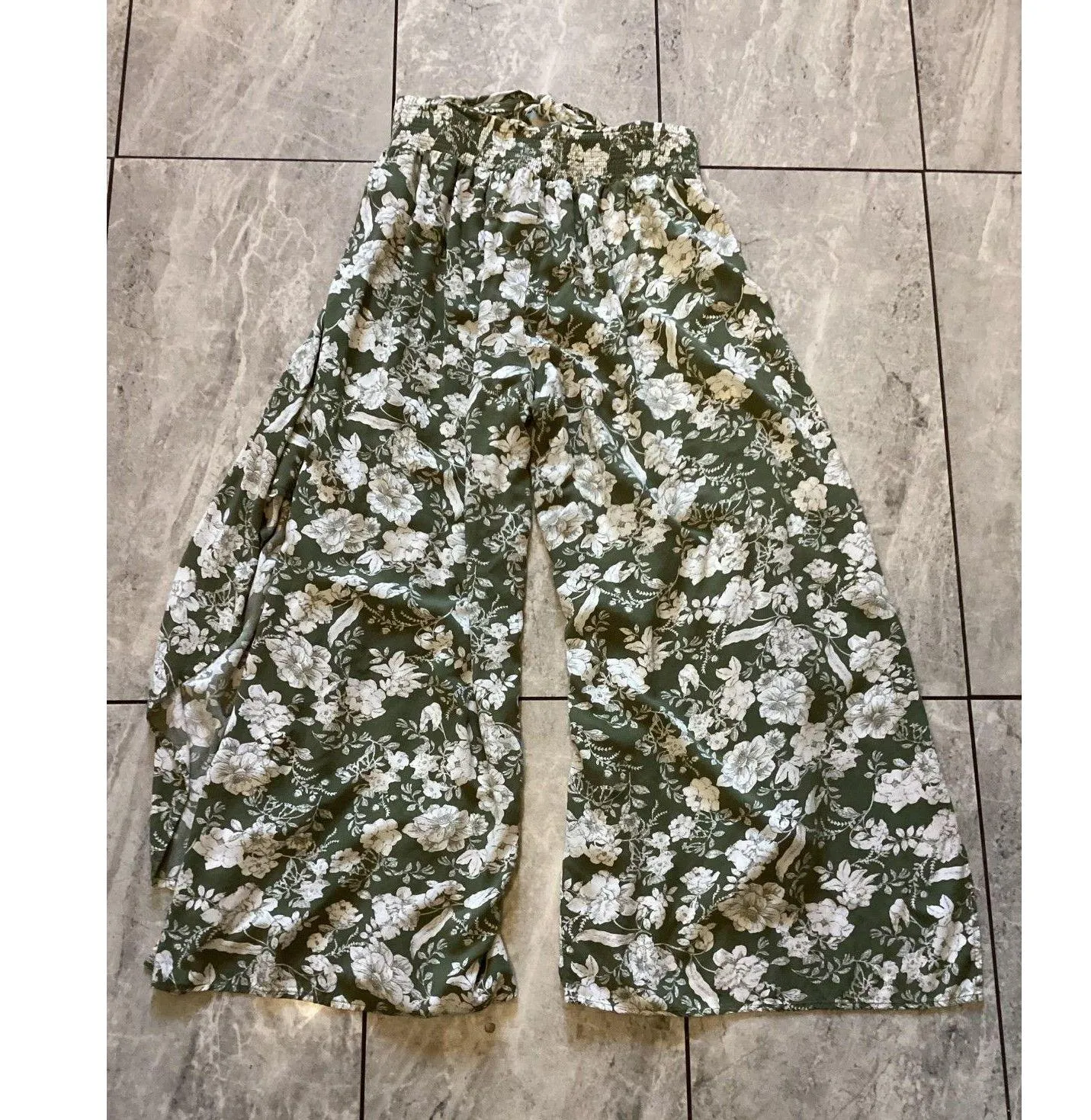 Talulah Pants Womens Medium Green Floral Wide-Leg Drawstring Lightweight Boho - Image 4