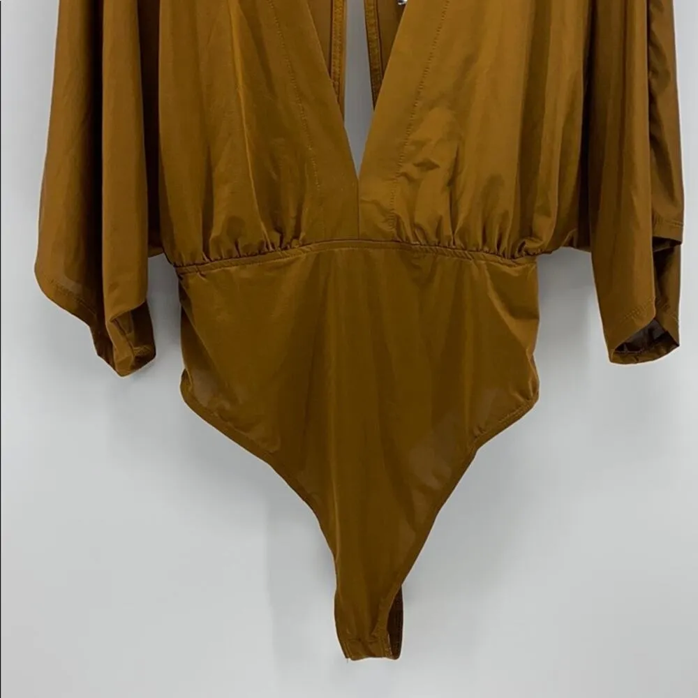 Mind Code Deep V-neck open back polyester body suit burnt mustard sz S - Image 4