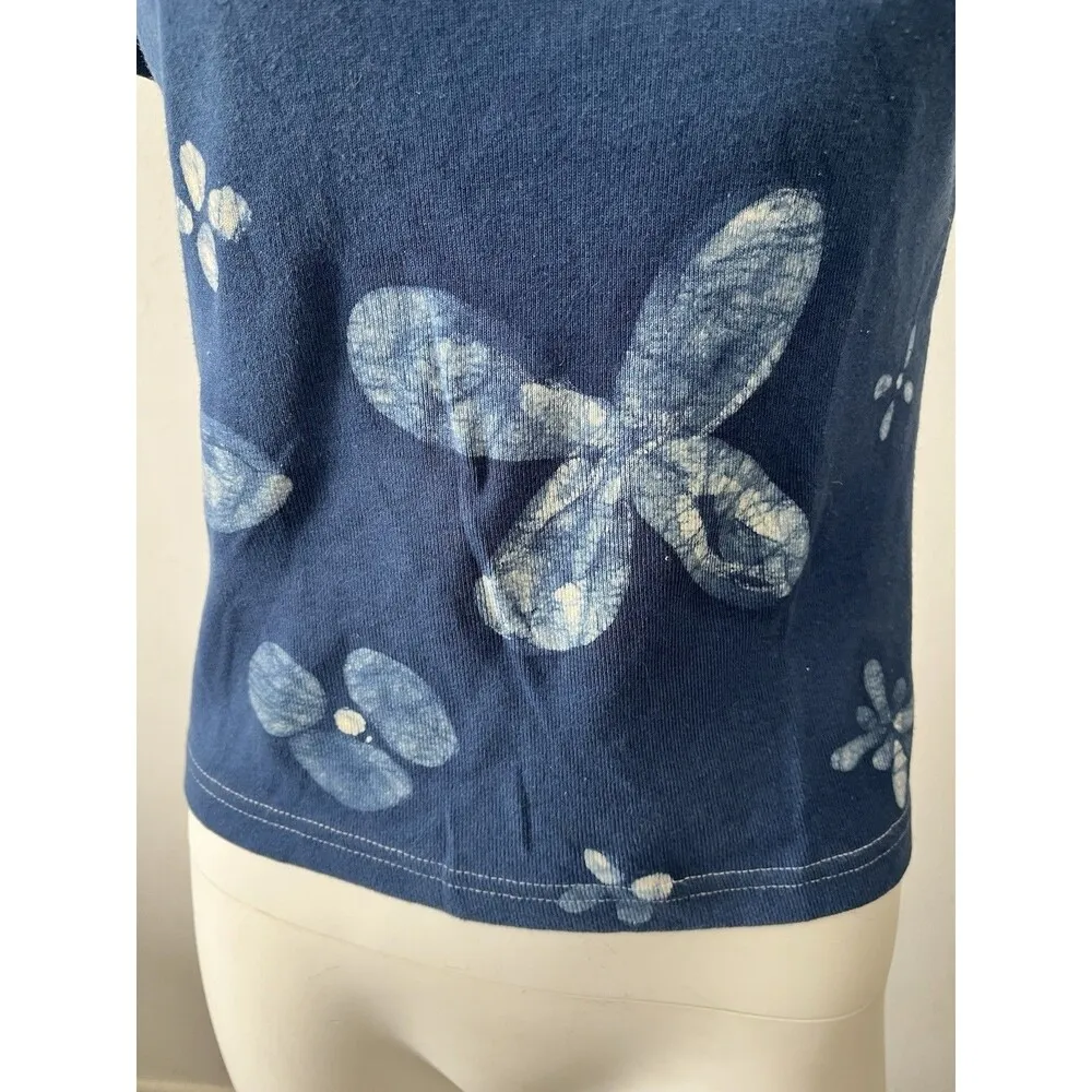 90s Ellemenno V Neck Blue White Graphic Floral Tee Short Sleeve Tee Large - Image 3