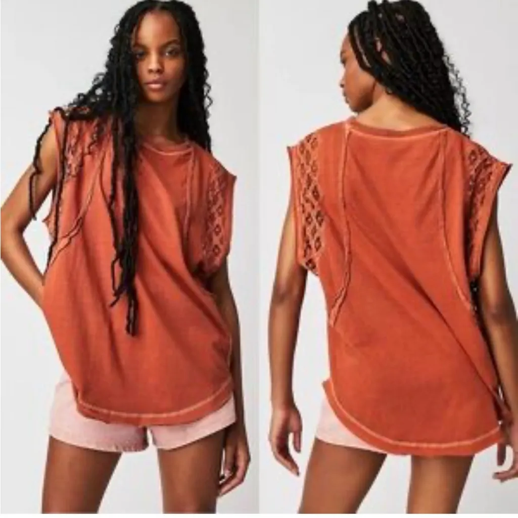Free People Rust Sleeveless Lace Tee - Image 2