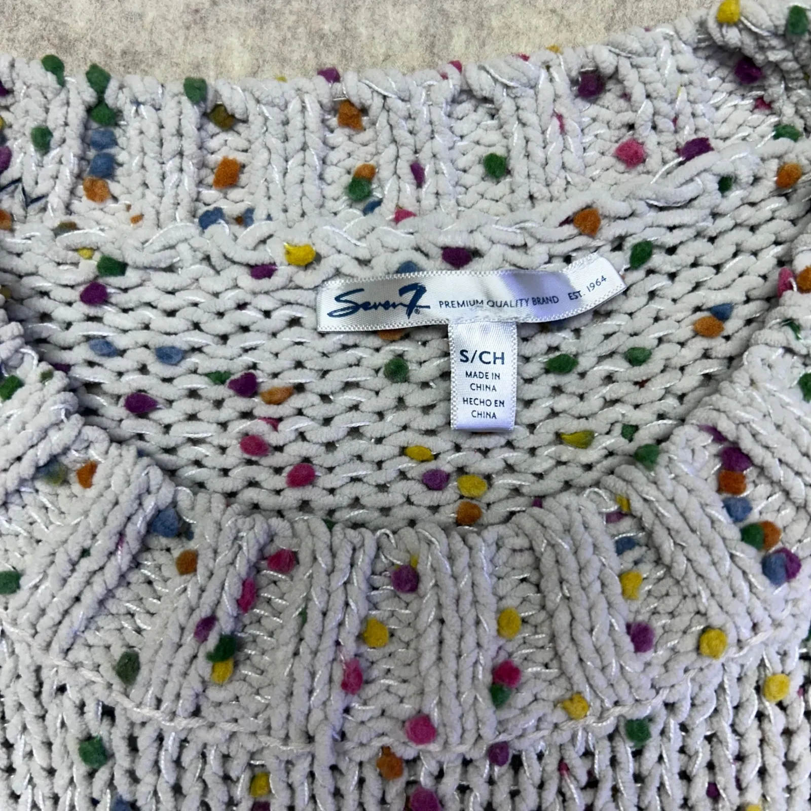 Seven 7 Confetti Pom Pom Knit Sweater Women's Small Crew Neck Multicolored Gray Size undefined - Image 3