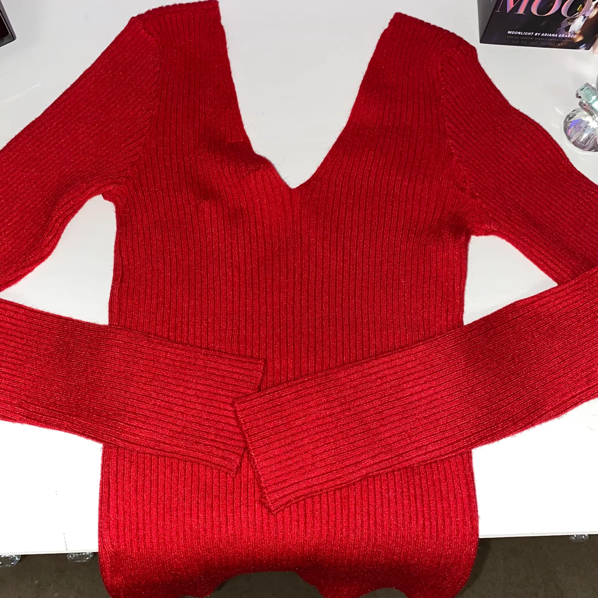 V Neck Red Sweater Top - Image 2