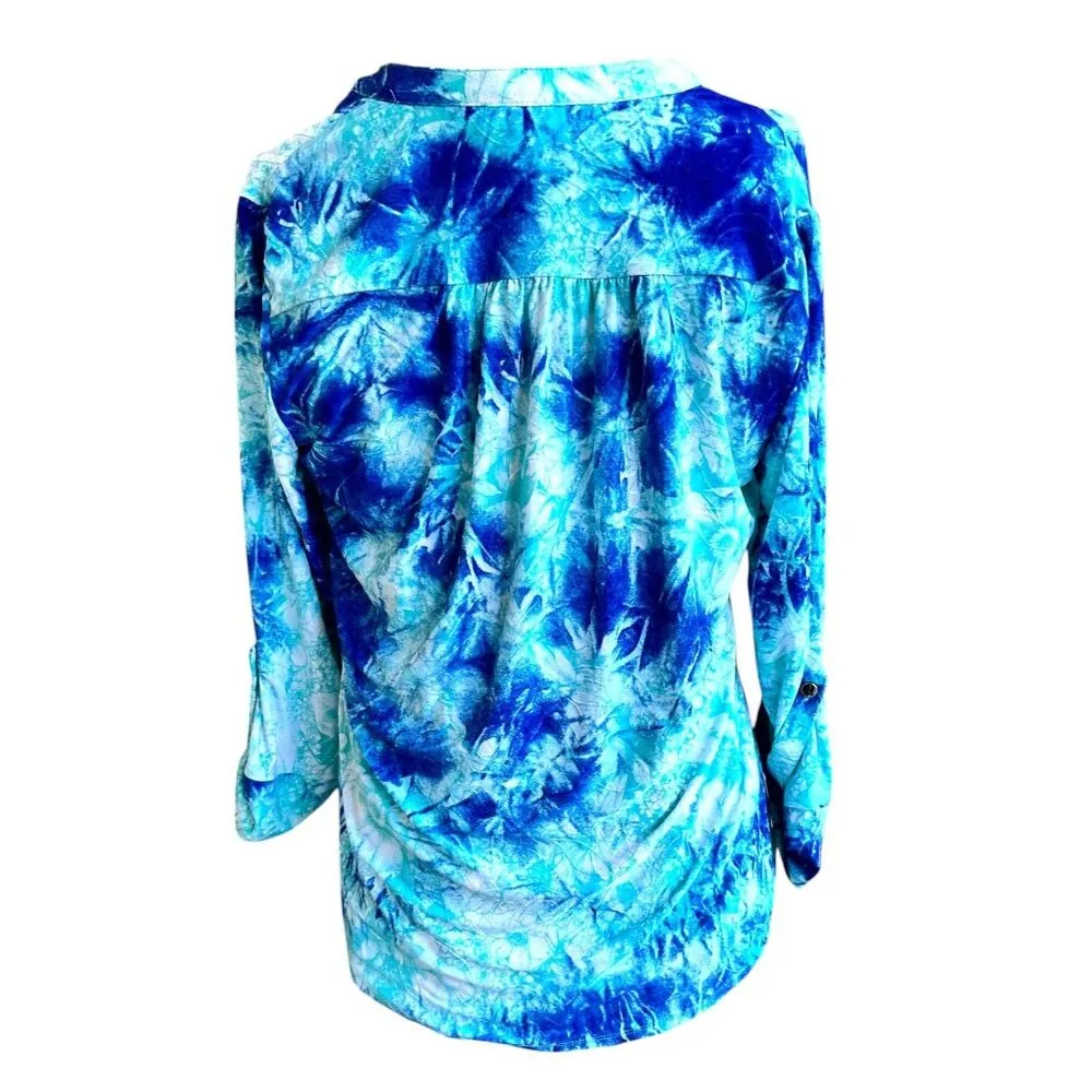 New Directions Tunic Top PM Petite Medium Blue Tie Dye Roll Tab Sleeves … Size undefined - Image 7