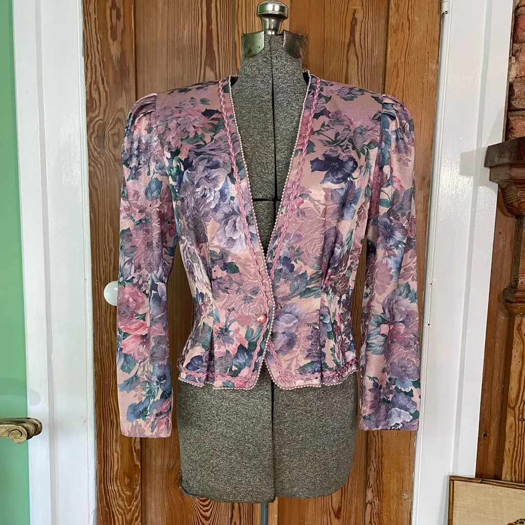 Vintage Nah Nah Collection Floral Rose Brocade Jacket Braided Trim Size M Pink Size M - Image 3