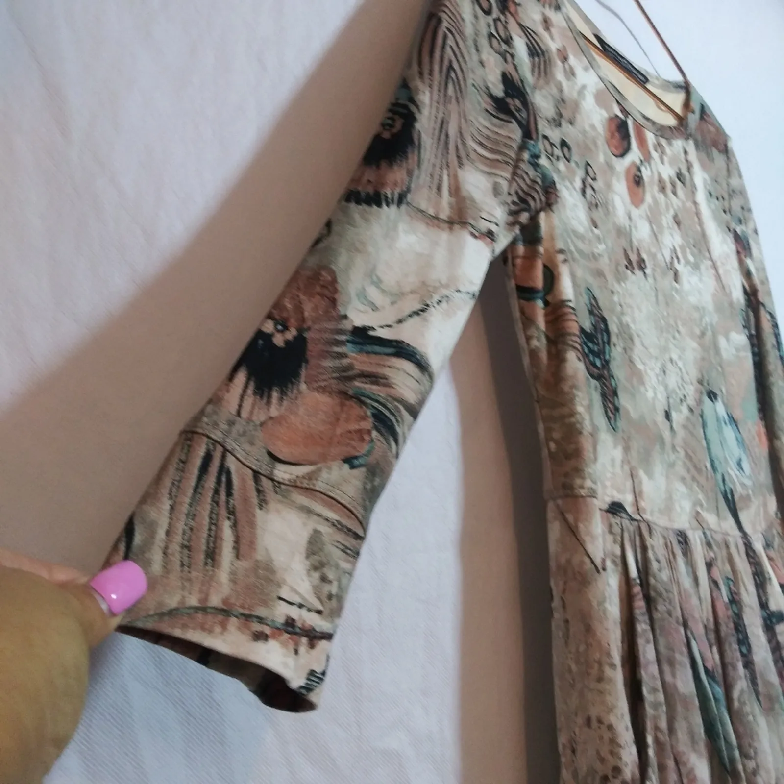 Peruvian Connection Painterly Floral Feather Bird Print Long Sleeve Dress Sz XS - Image 6