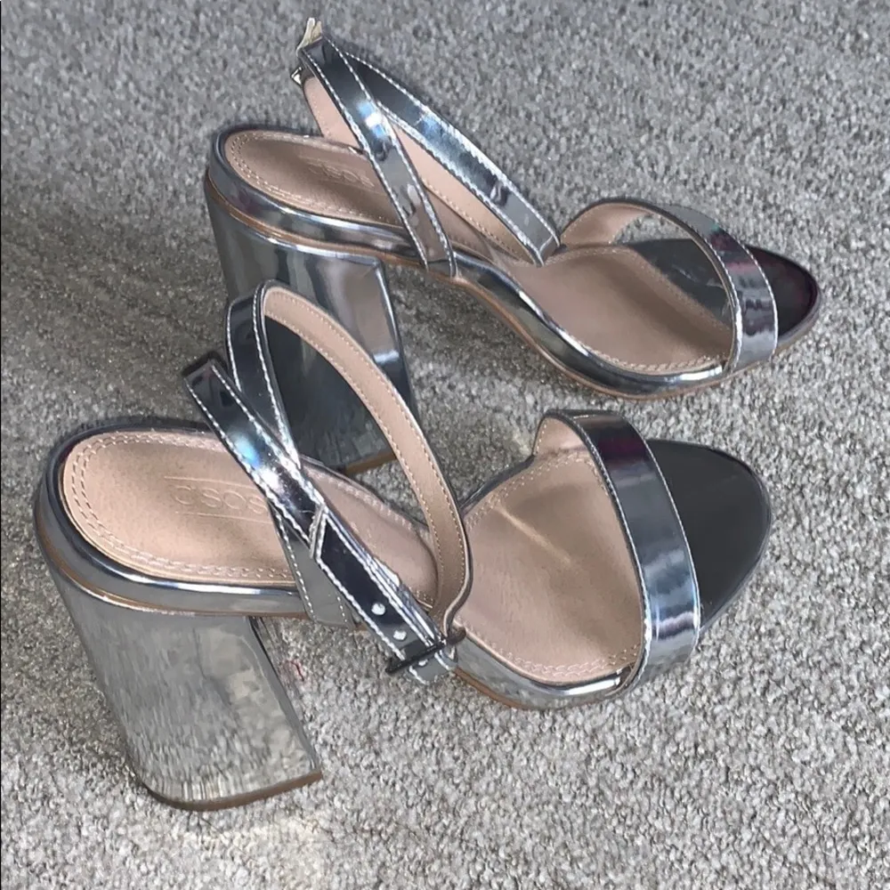 ASOS Hermione Silver Mirror Block Heel Sandals - Image 11