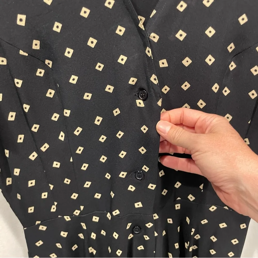 Vintage 80’s-90’s black silk midi short sleeve button front dress polka squares - Image 7