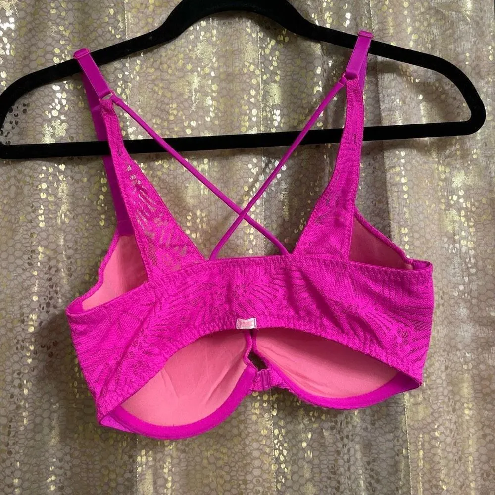 PINK magenta hot pink front clasp strappy lace bra 32DD GUC - Image 2