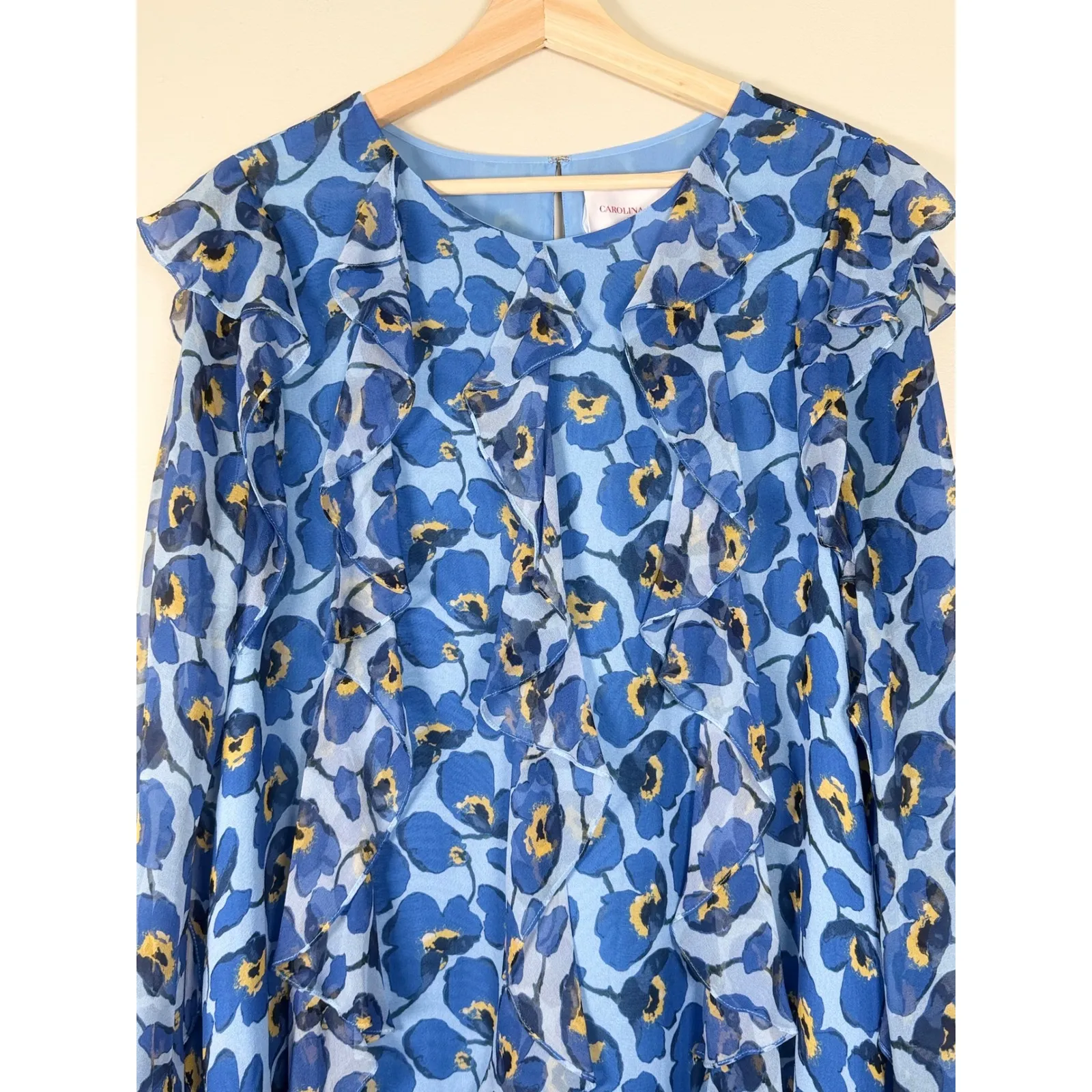 Carolina Herrera Floral Silk Chiffon Ruffle A-Line Mini Dress Blue Print Size 10 - Image 4