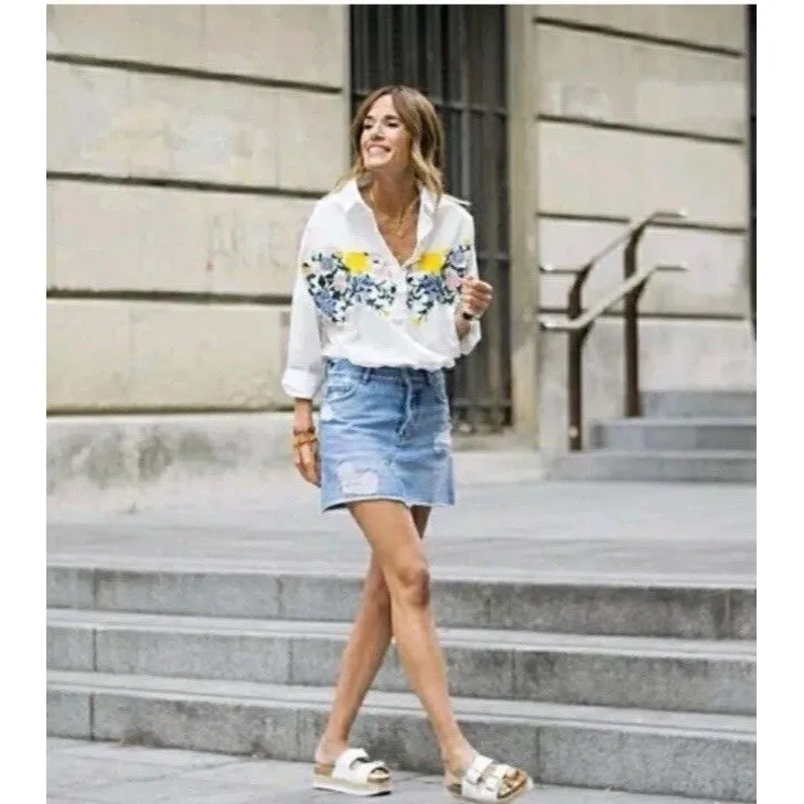 ZARA L White Floral Embroidered Ballon  Sleeves Peasant Relaxed Blouse Top - Image 12