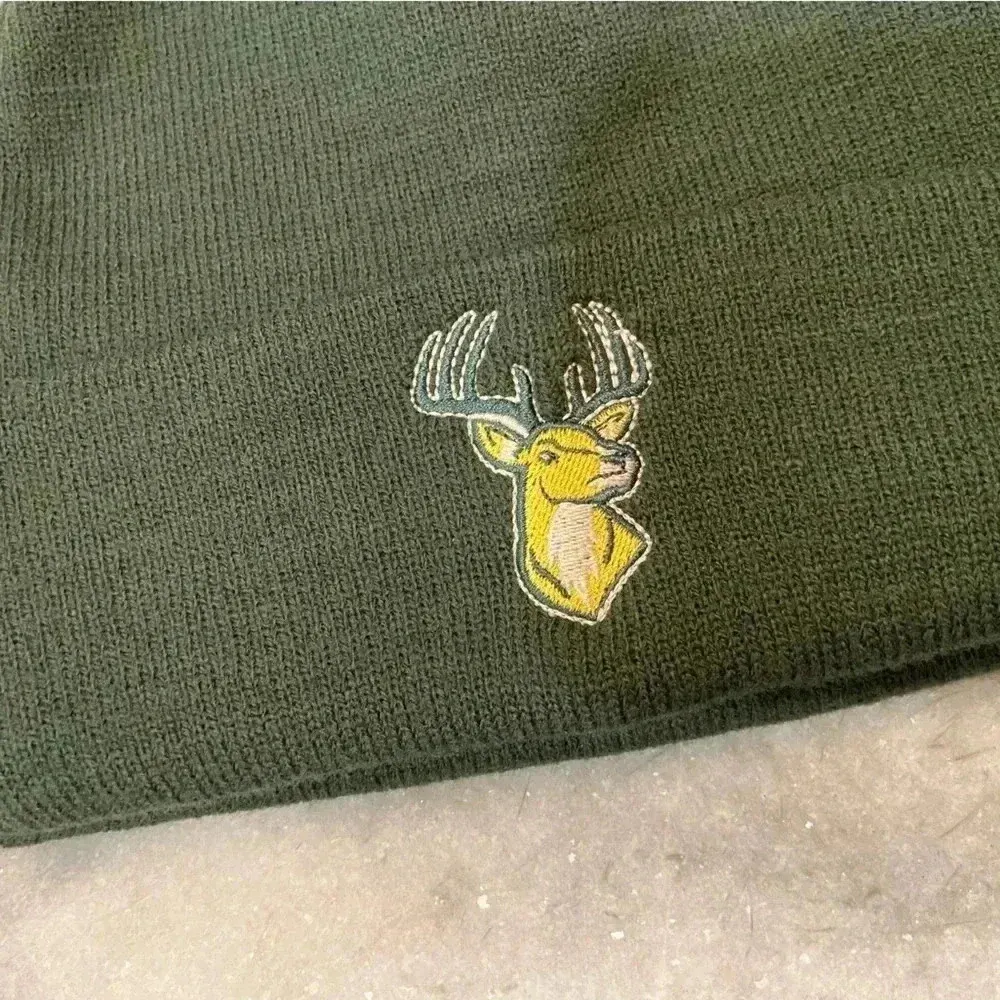 Women’s Green Knit Winter Beanie Embroidered Buck Stag Deer Logo Woodland Toque - Image 5