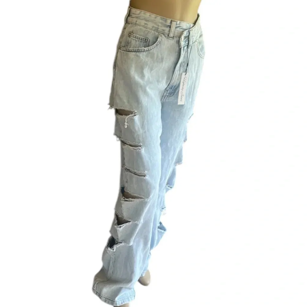 Factory Distressed Ripped Light Blue Wide Leg Denim Size 3 NWT - Image 5