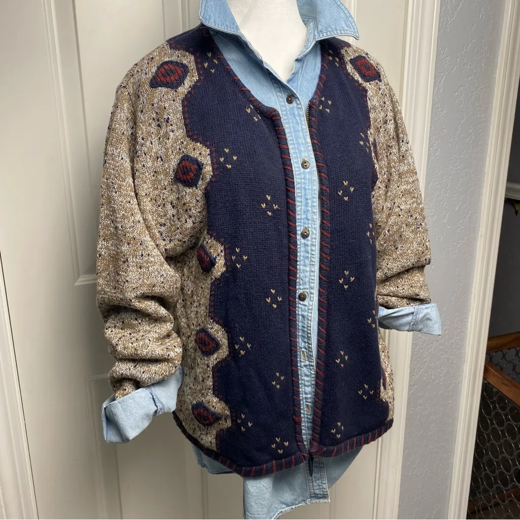 Christopher & Banks navy flecked knit zip up cardigan sweater cottage grandma M - Image 2