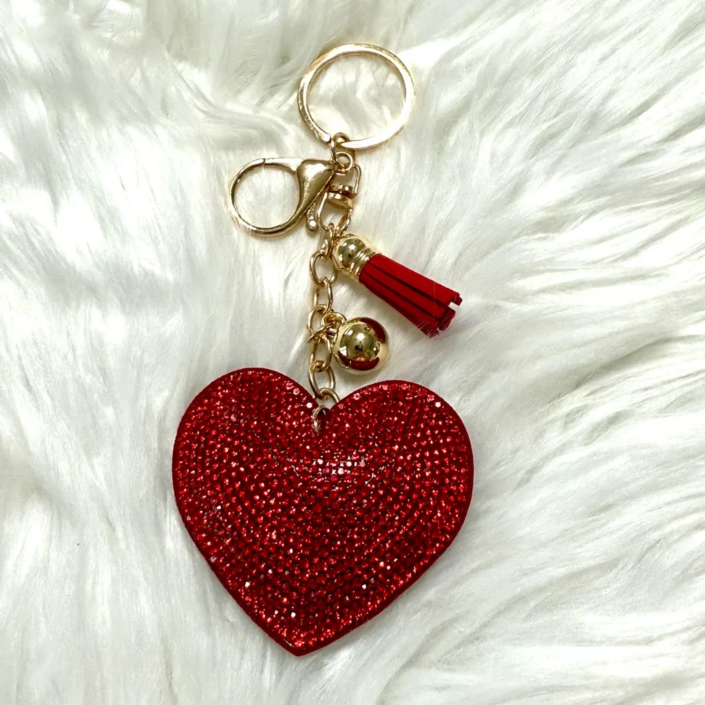 Heart Bag Charm Keychain with Rhinestones Red & Gold Tone New - Image 4