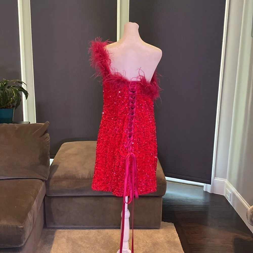 Women’s Pink Short Feather & Sequin One Shoulder Prom Party Dress Size 14 *READ Pink - Image 6