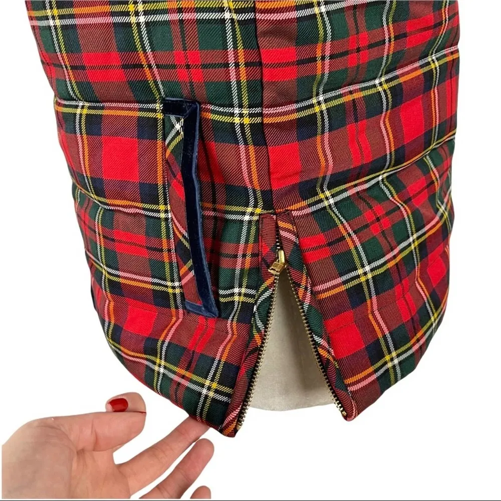 J. Crew Tartan Plaid Mountain Puffer Velvet Trim Vest Red Green Size Small H2712 - Image 8