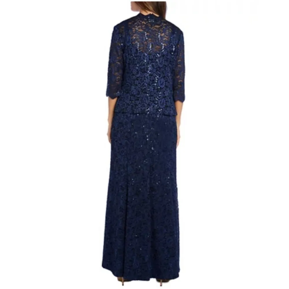 R&M Richards Long Mock Lace Jacket Dress, Navy Evening Gown, Size 6 New w/Tag - Image 6