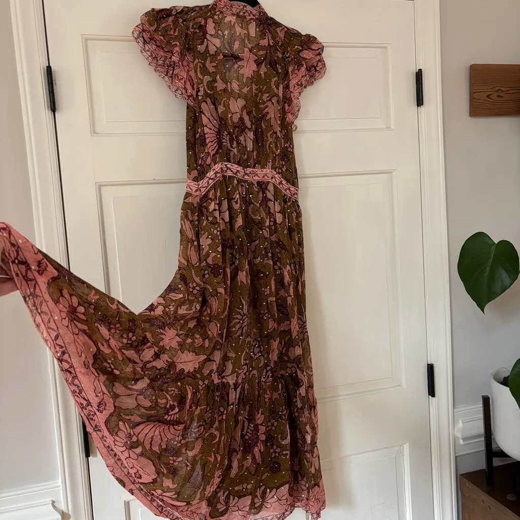 Ulla Johnson RARE Celestia Floral Batik Print Midi Dress Olive Ruffl Silk Size 6 - Image 17