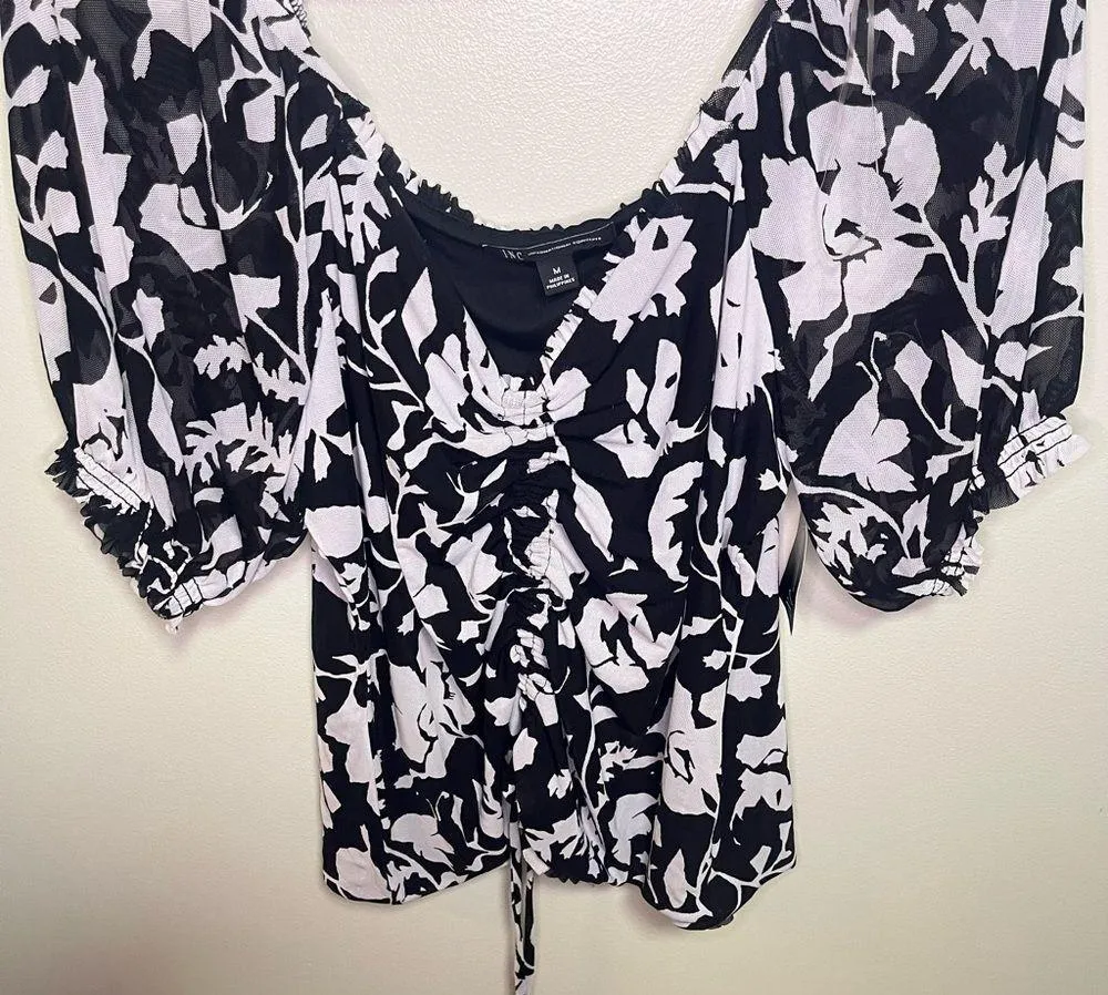 INC Black White Floral Ruched Cinched Medium Blouse Short Sleeve V Neck NWT - Image 3