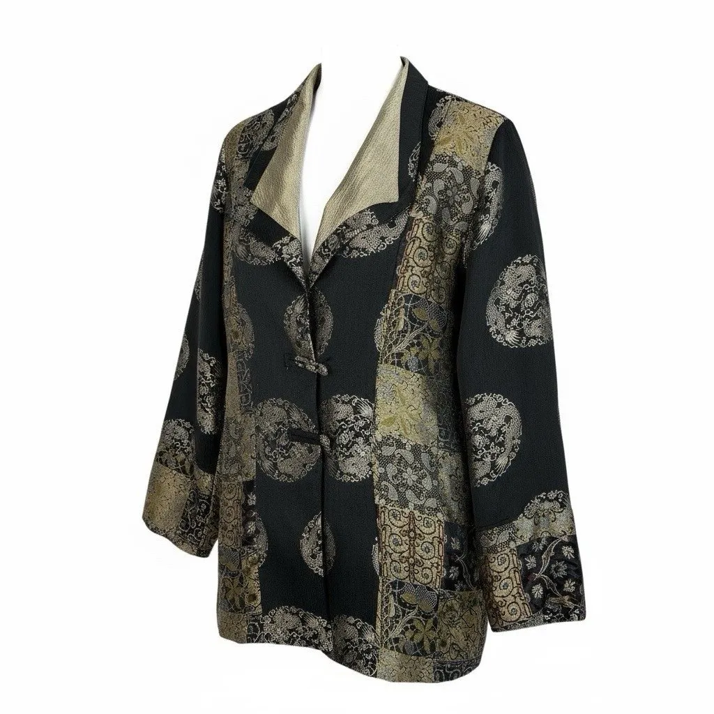 *Citron Santa Monica Blazer XL Black Silk Blend Mixed Print Button Quiet Luxury - Image 3