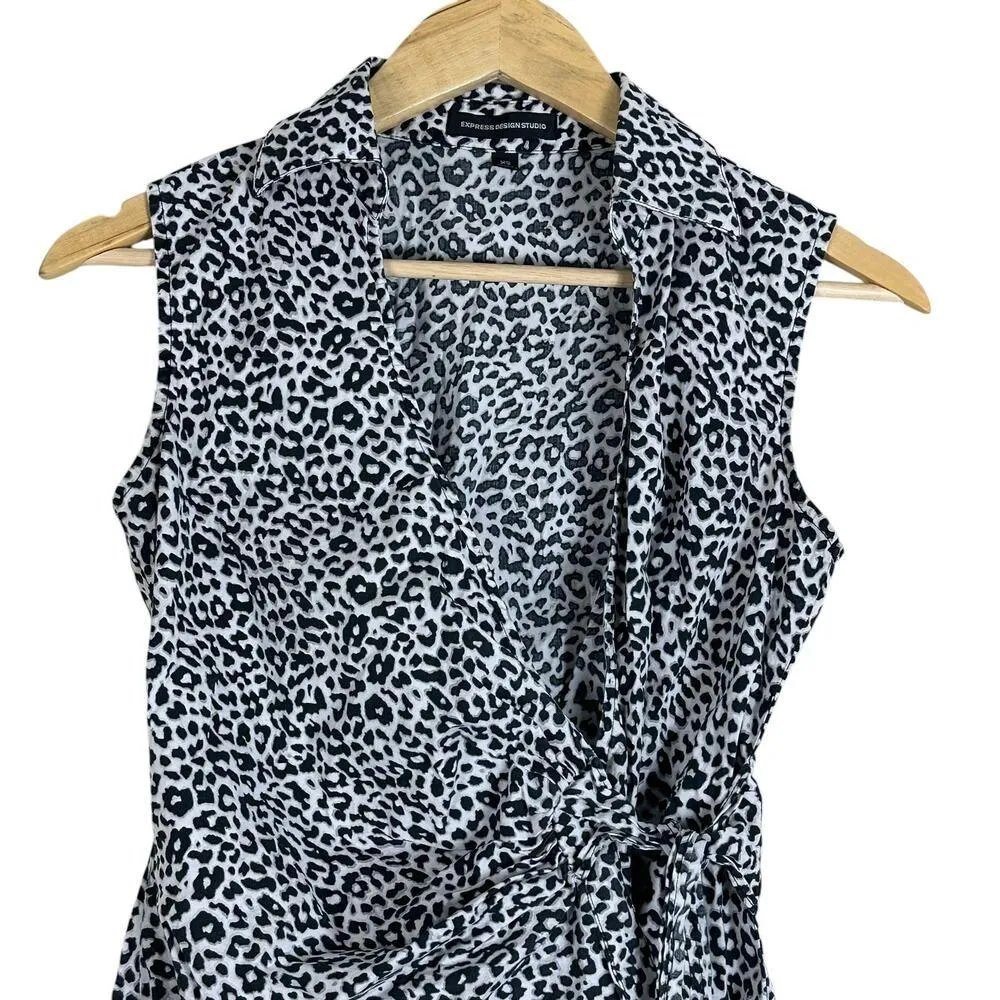 Express Top Womens XS Black White Sleeveless Wrap Animal Print Chic - Image 2