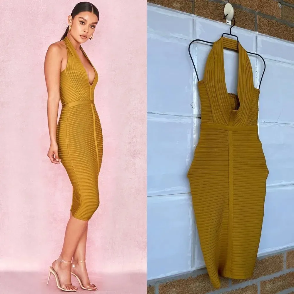 House of CB London Verbena Rib Bandage Halter Dress XS - Image 3