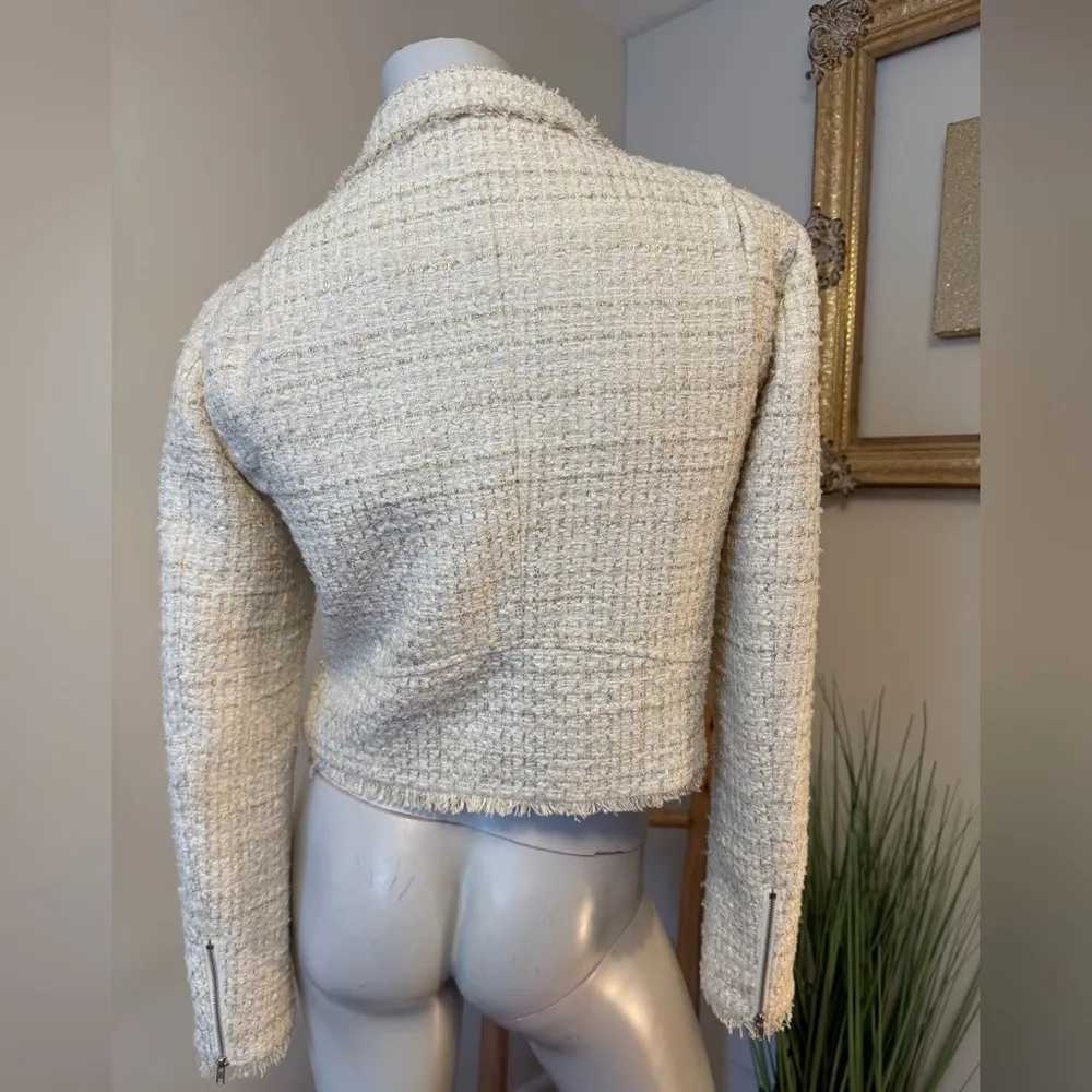 Love Token Tweed Moto Jacket In Ivory And Metallic Medium - Image 6
