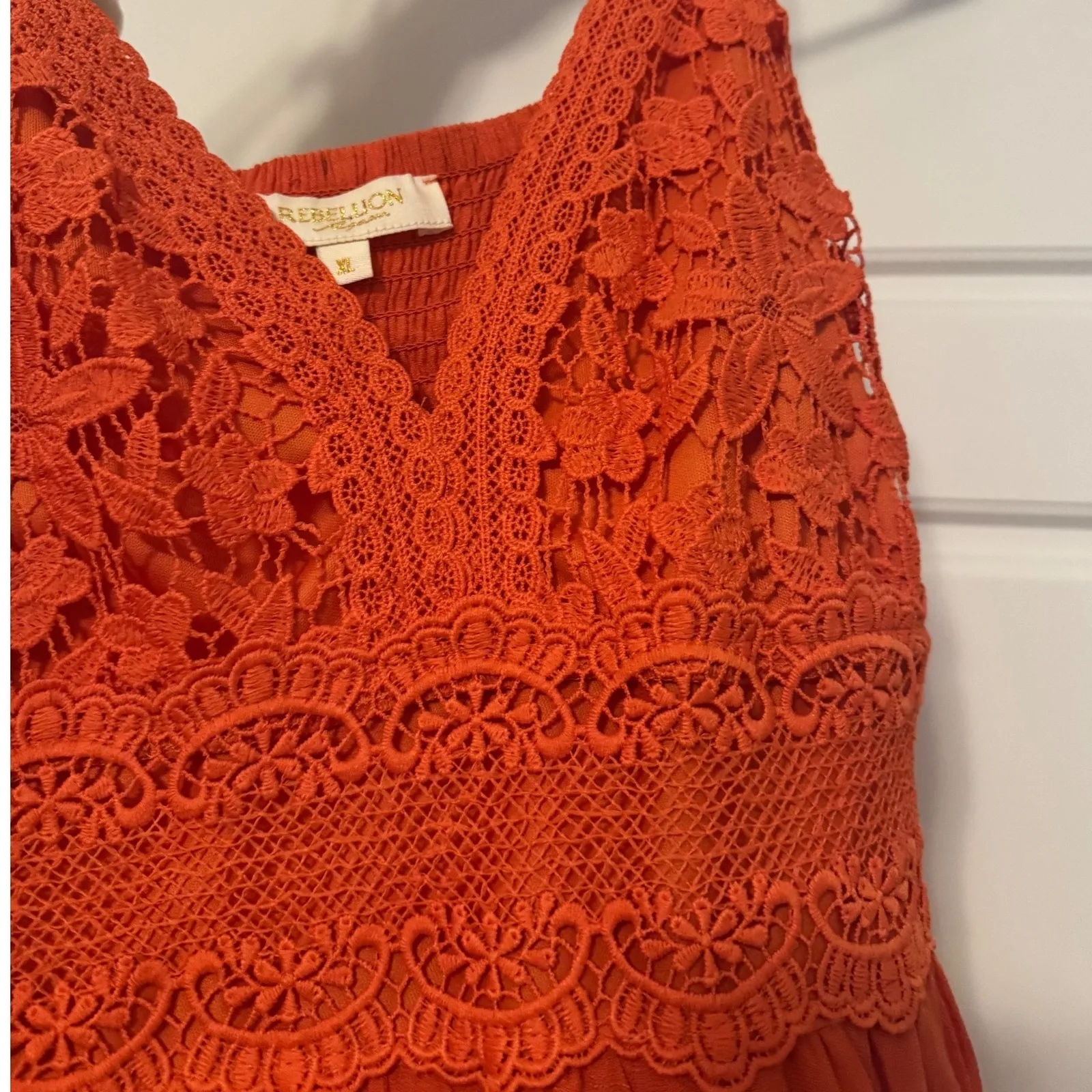 Rebellion sz XL Women Orange Crochet Lace Teired Ruffled Floral Maxi Dress Beach - Image 4