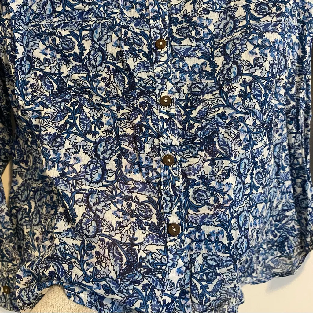 RAGA 100% Cotton Blue and White Button Up Blouse size Large - Image 4