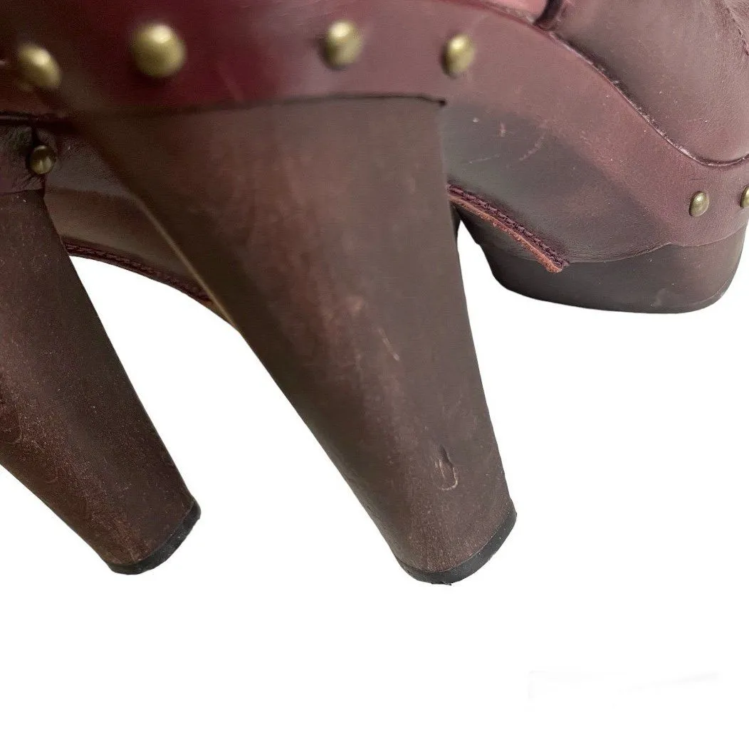 UGG Celestina Brown Shoes Leather Wood Studded Shearling Footbed Womens Size 6 - Image 5