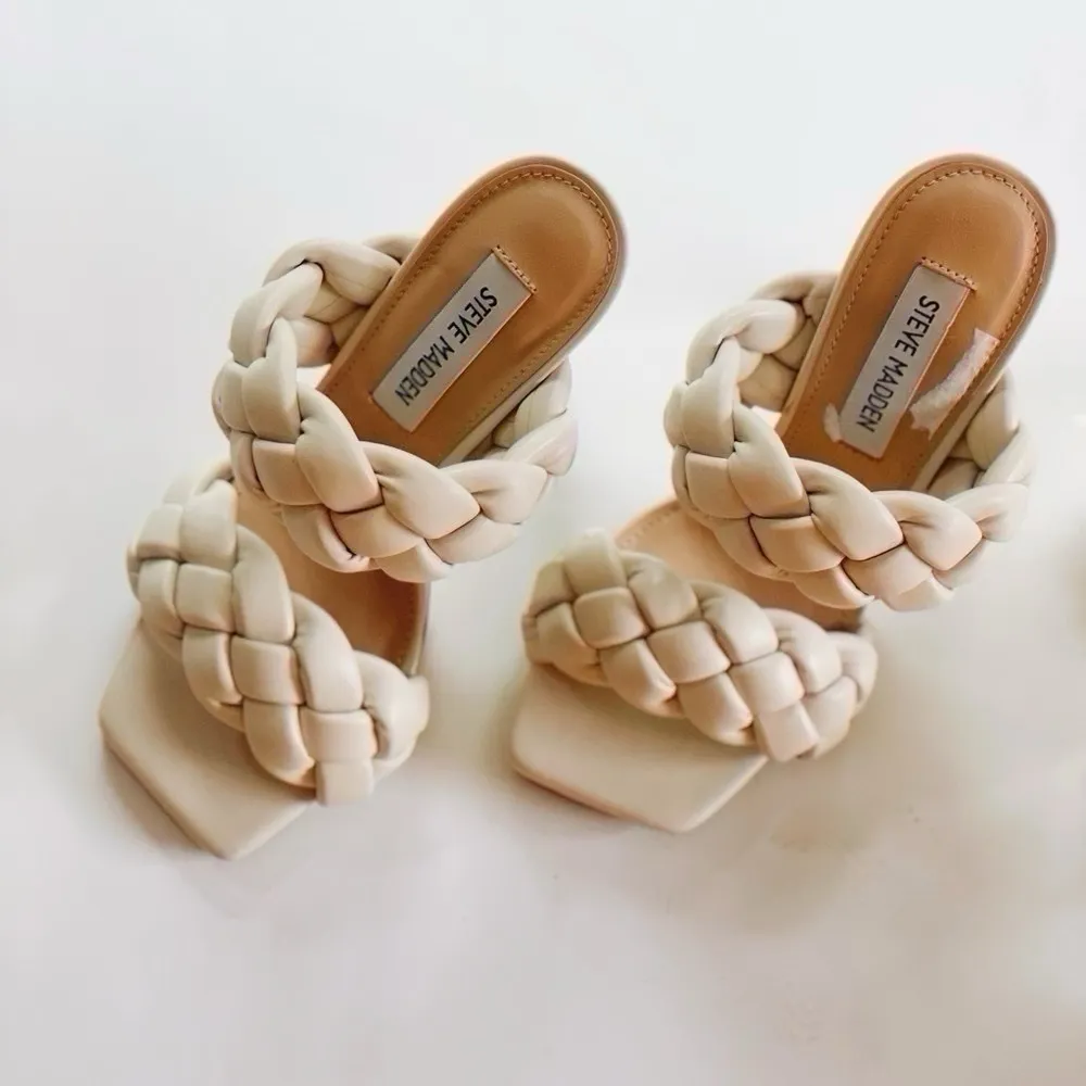 Steve Madden Kenley Plaited Heeled Mules in Off White Sandals Shoes - Image 4