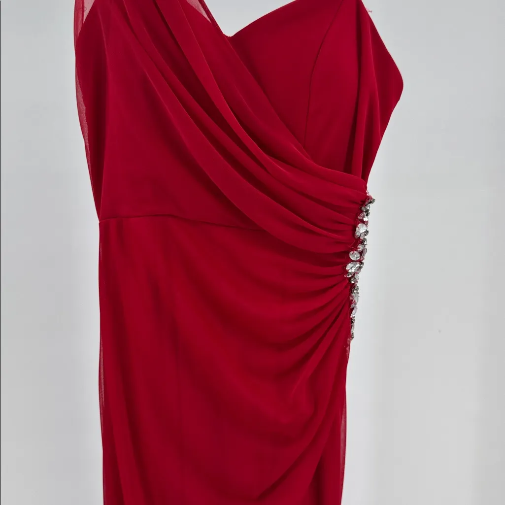 Xscape Red Dress formal jeweled slit 2 ruched evening holiday event retro dance - Image 4