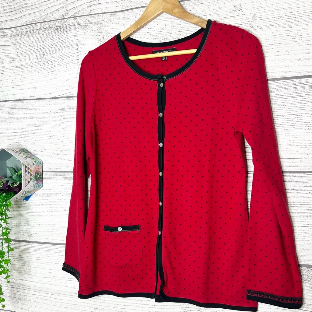 Ellen Tracy Red Polka Dot Black Trim Button Down Cardigan Sweater Top Size Small - Image 2