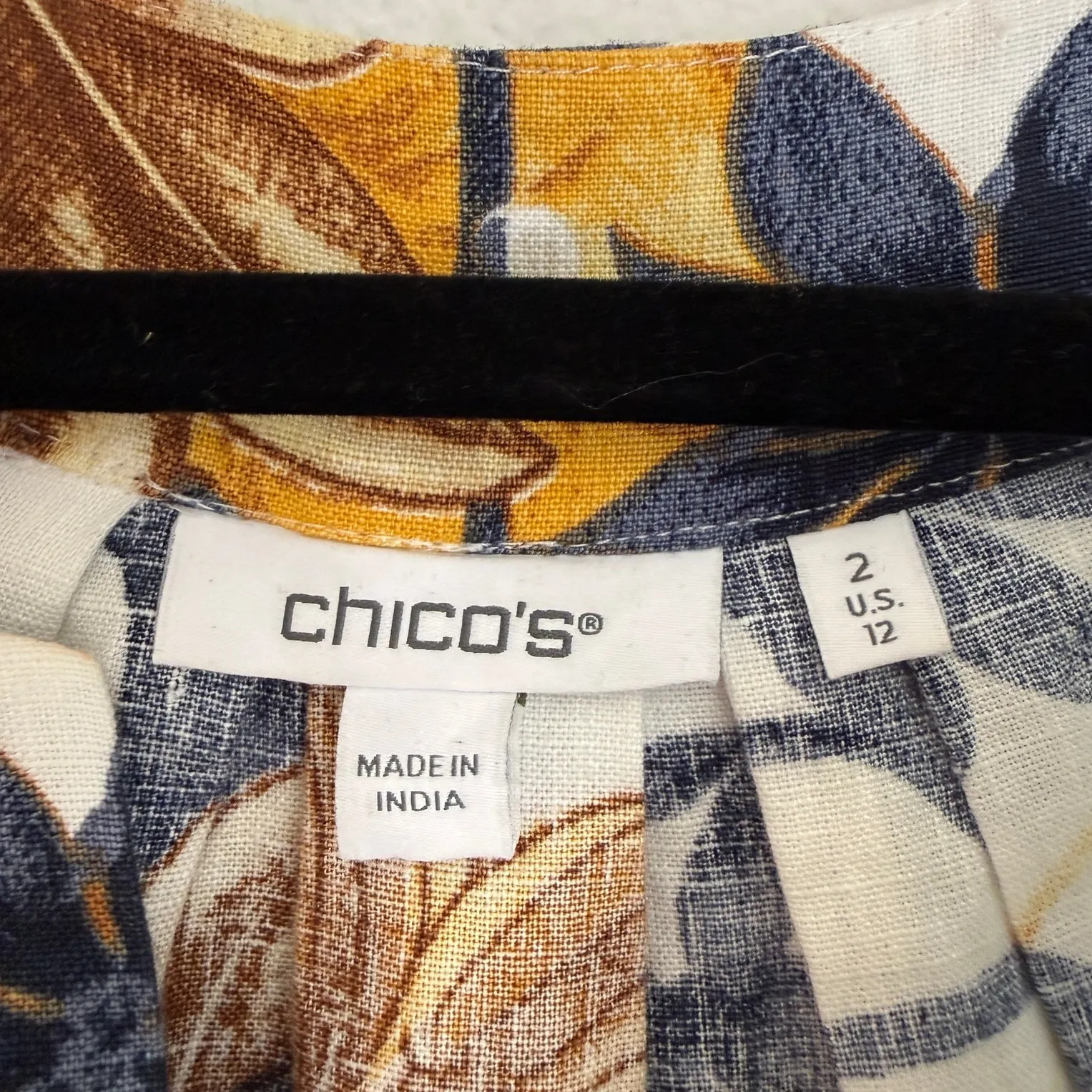 Chico's Sz L 100% Linen Mini Dress Vacation Beach Resort Blue Yellow Floral - Image 6