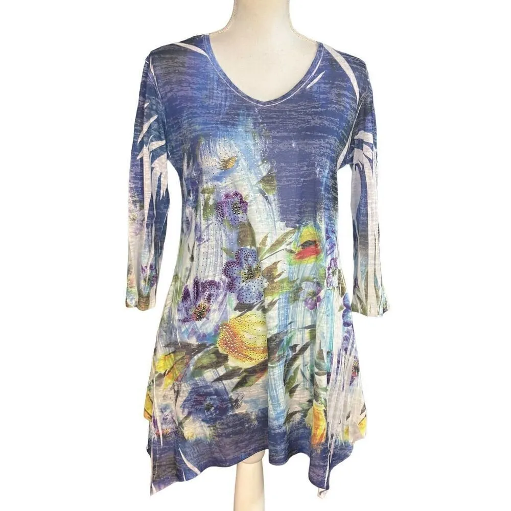 Jess & Jane Paloma Tunic Top Size Small Blue Floral Watercolor Artsy Rhinestones - Image 2