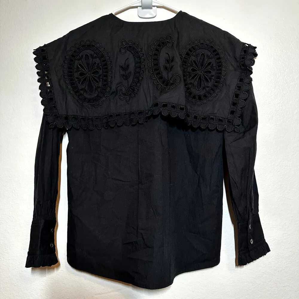 Sea NY Marina Collar Blouse Tiered Scalloped Button Up Long Sleeve Black XS - Image 6