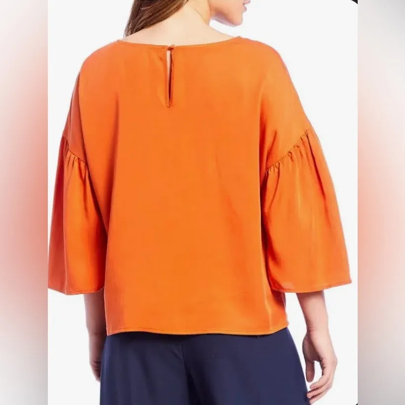 Daniel Cremieux Elegant Flowy Apricot Orange Blouse for Women 3/4 Bell Sleeve - Image 2