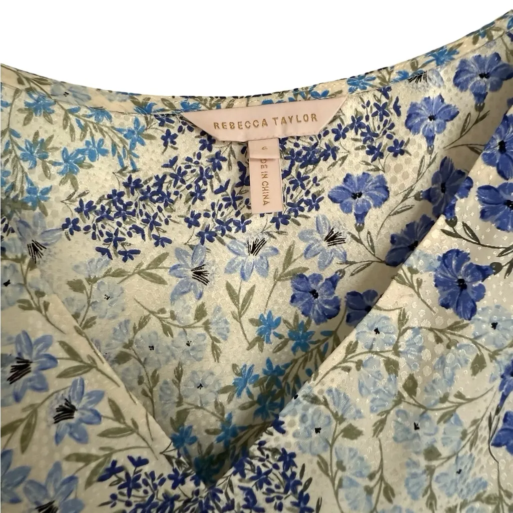 Rebecca Taylor 100% Silk Blue Purple Floral Ruffle Sleeve Dress Tie Waist 6 - Image 5