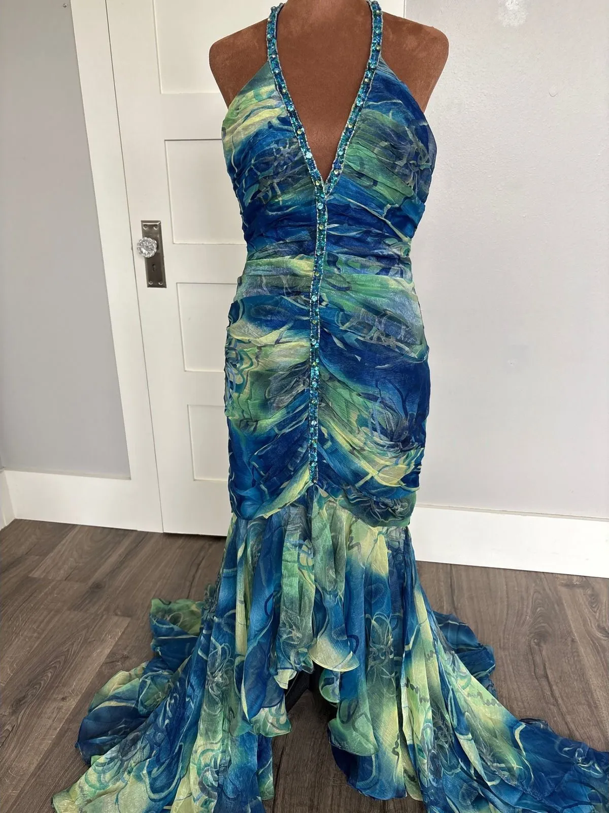 Tiffany Designs Mermaid Chiffon Gown Rhinestone Halter Neck Ruched Ruffle Train - Image 1