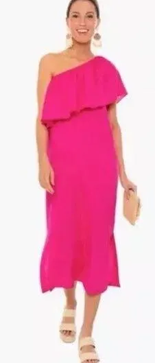 Pomander Place X Tuckernuck Florencia One Shoulder Ruffle Midi Dress Fuchsia Pink Size XS - Image 1