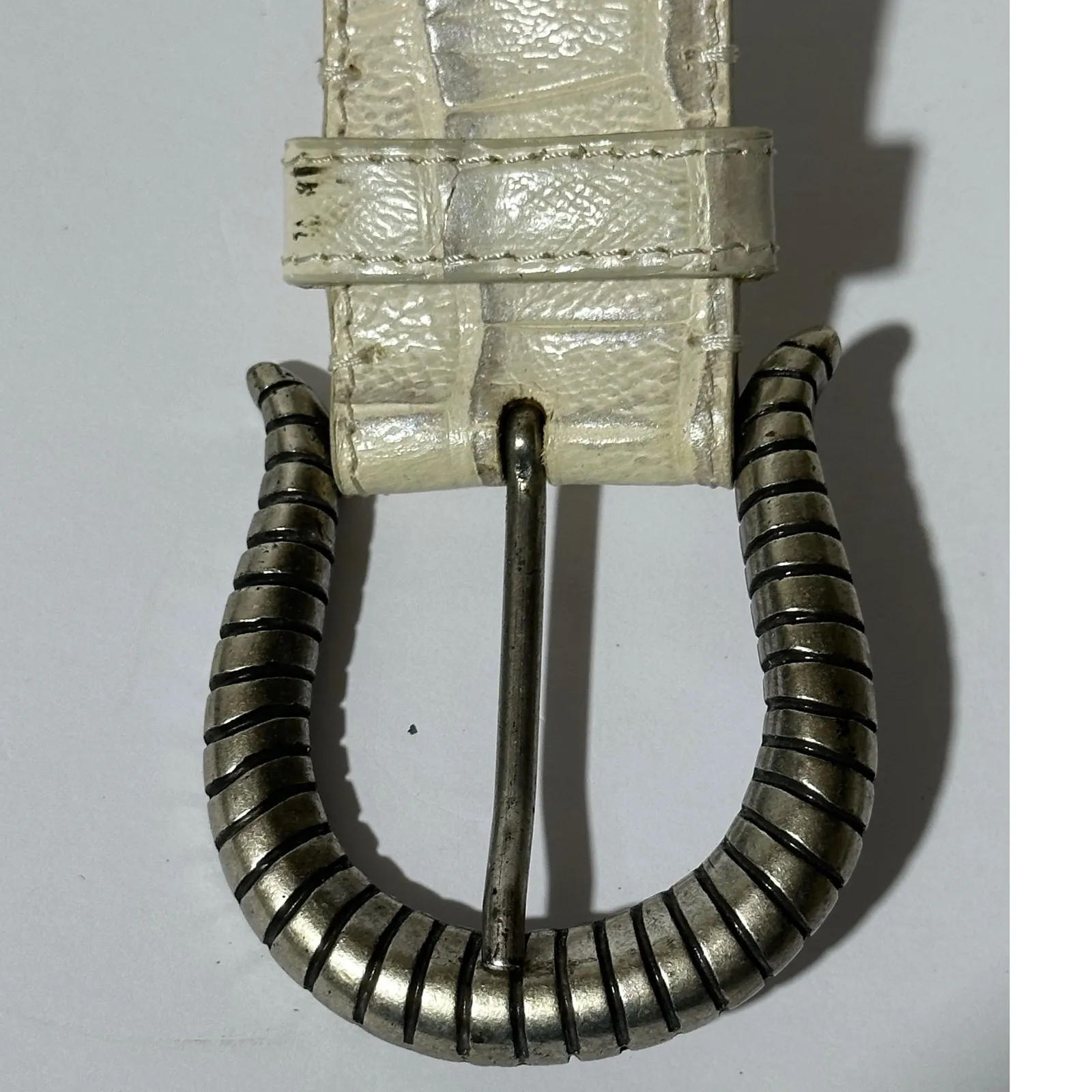 NANNI Made in Italy Vintage White Croc Embossed Leather Belt Silver Buckle - Image 5