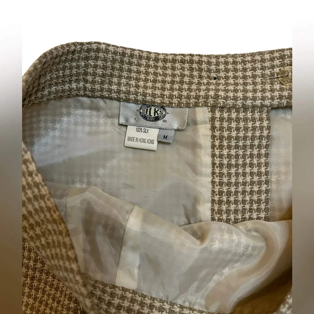 Vintage 90s Silks 100% Silk Houndstooth Blazer Skirt Suit Set Brown Beige Medium - Image 15