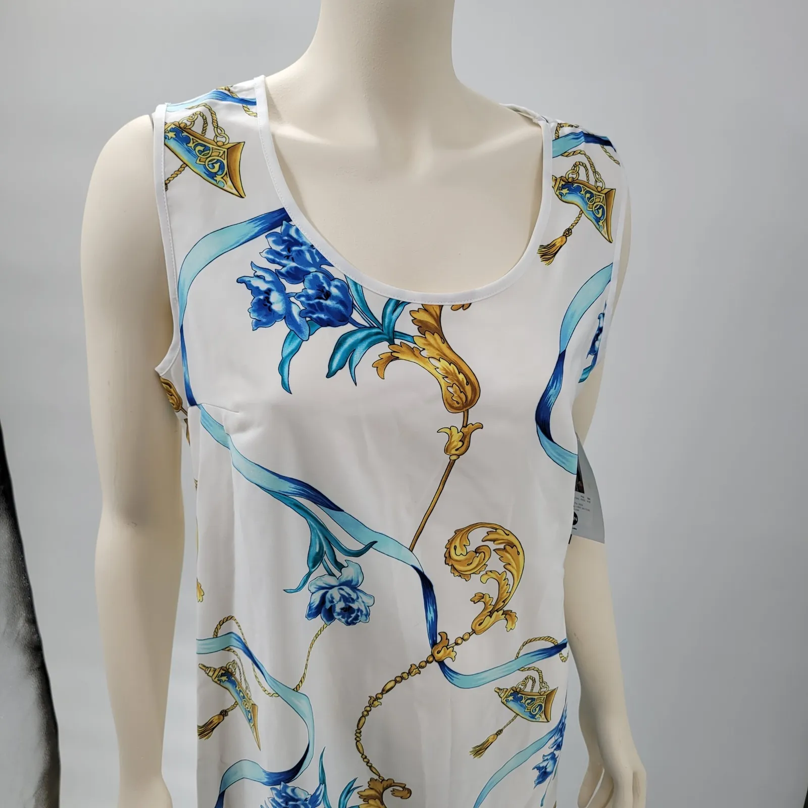 ~VTG Maggie Sweet Dress Jacket Set Small White Blue Baroque Chain Print NEW - Image 9